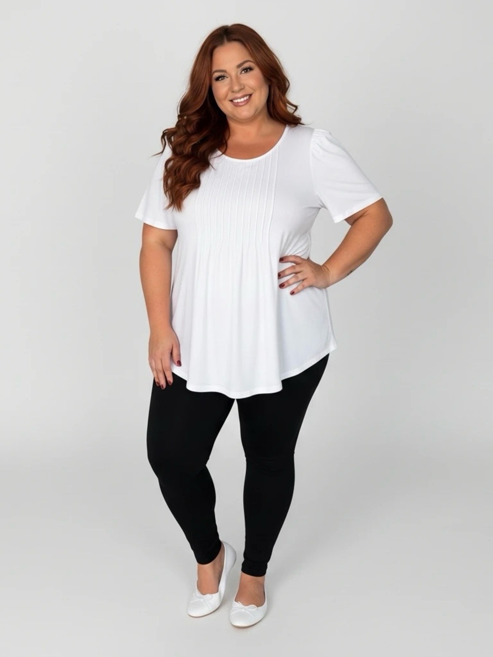 Ofeefan White Plus Size Tunic Blouse Women’s 3X Pleated Short Sleeve